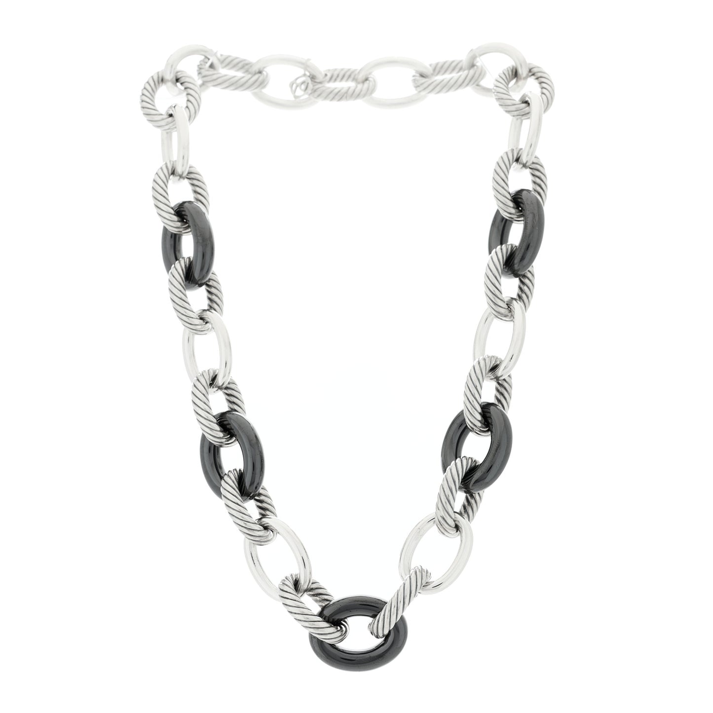 Sterling Silver Black Ceramic 18mm Large Oval Link Necklace Black