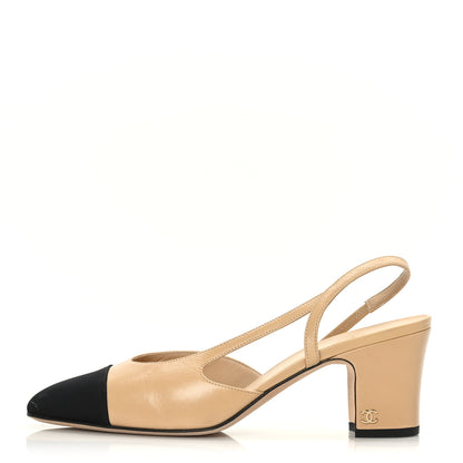 Chanel Lambskin Grosgrain Cap Toe CC Slingback Pumps 39 Beige Black 1 of 9
