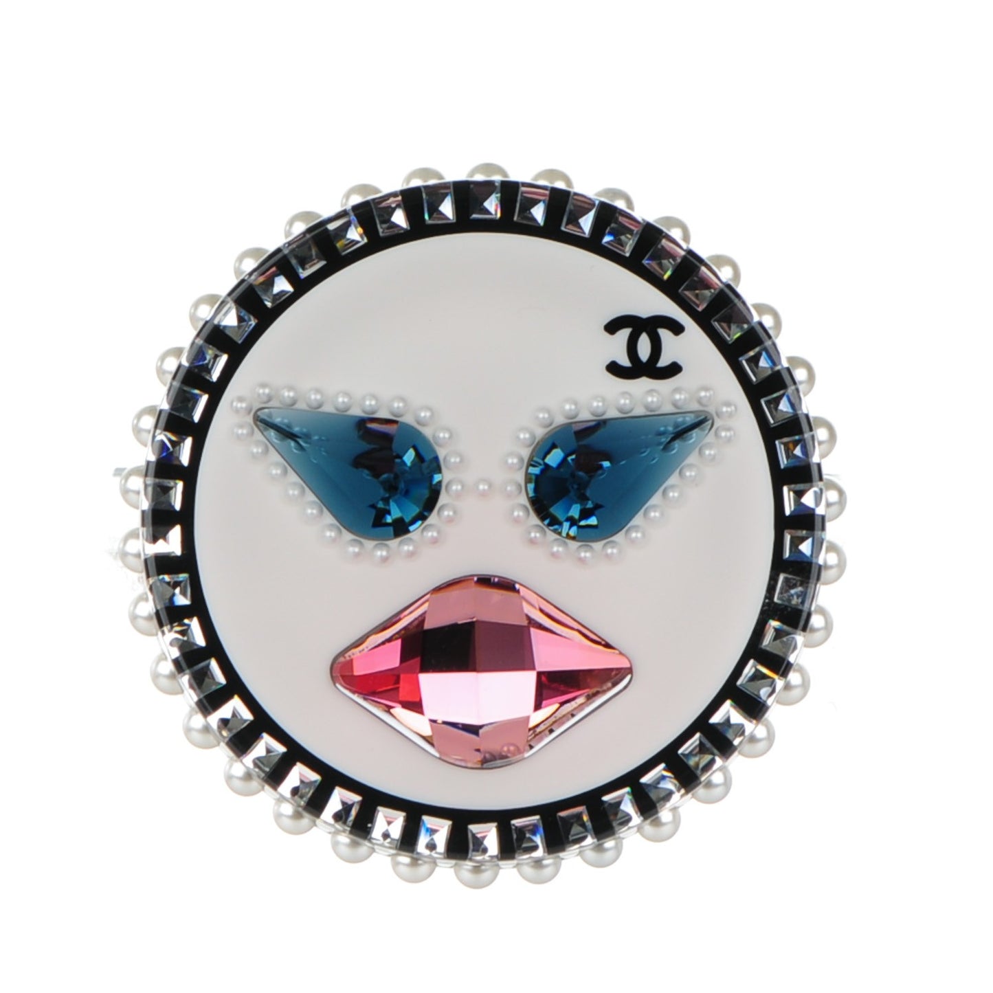Metal Resin Pearl Emoji Brooch Silver White