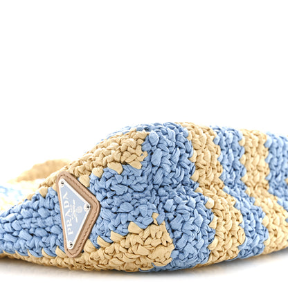 Prada Yarn Raffia Effect Crochet Striped Small Logo Tote Naturale Celeste 8 of 10