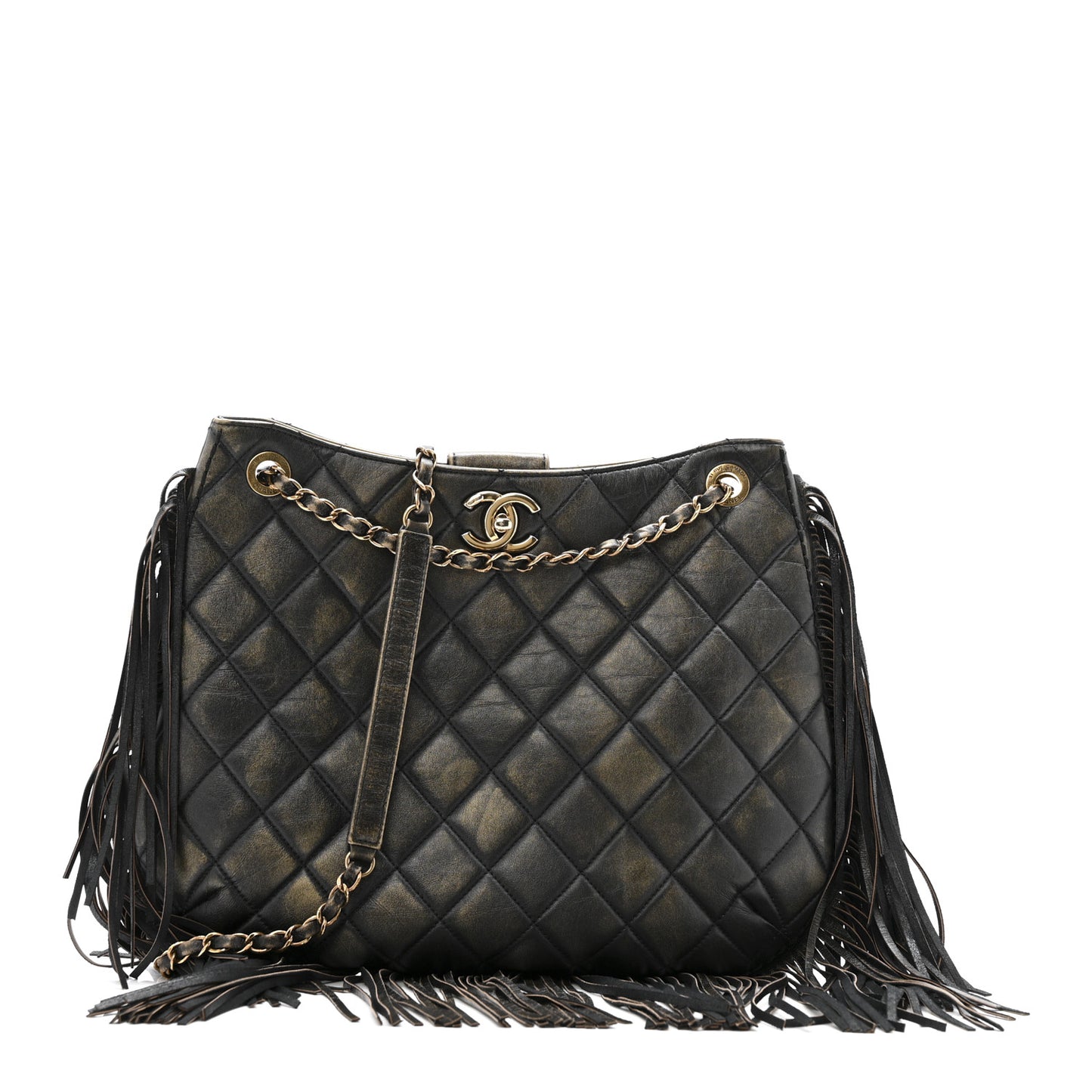 Calfskin Quilted Into The Fringe Hobo Black Gold