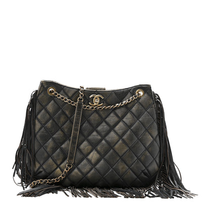Chanel Calfskin Quilted Into The Fringe Hobo Black Gold 1 of 15