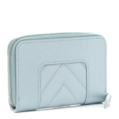 Chanel Metallic Caviar Chevron Quilted Vintage Mademoiselle Zip Coin Purse Light Blue 3 of 7
