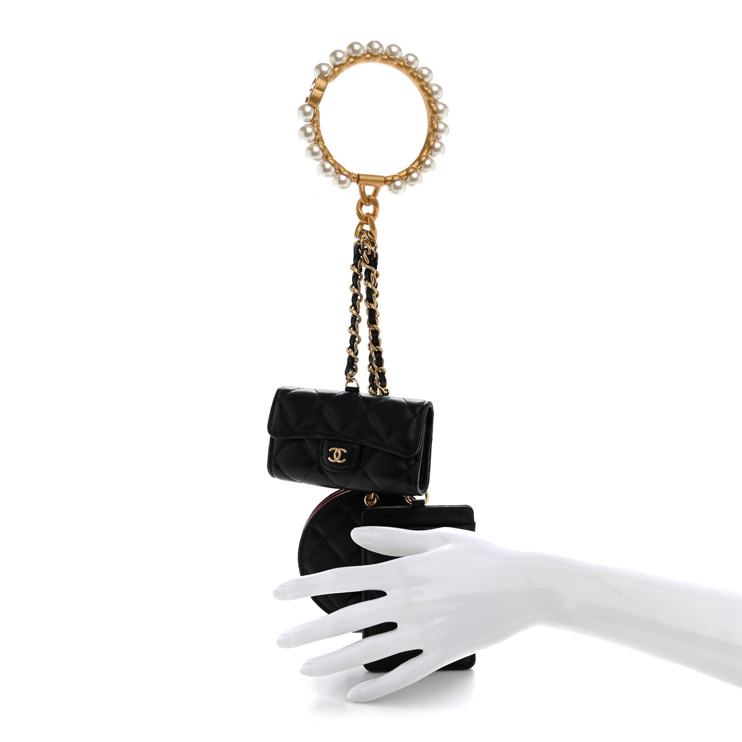 Pearl Lambskin Pearl Crown CC Wristlet Multi Pouches Black
