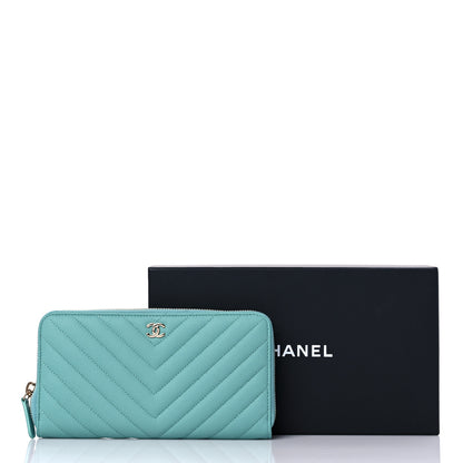 Chanel Caviar Chevron Large Gusset Zip Around Wallet Turquoise 9 of 9