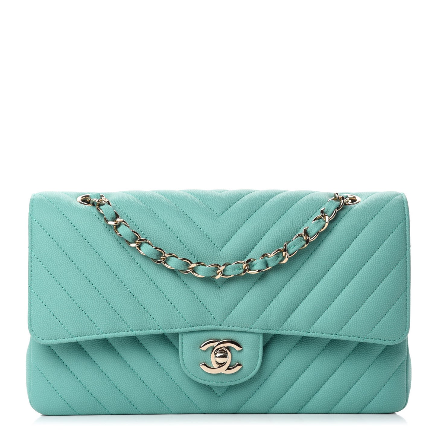 Caviar Flat Chevron Quilted Medium Double Flap Green