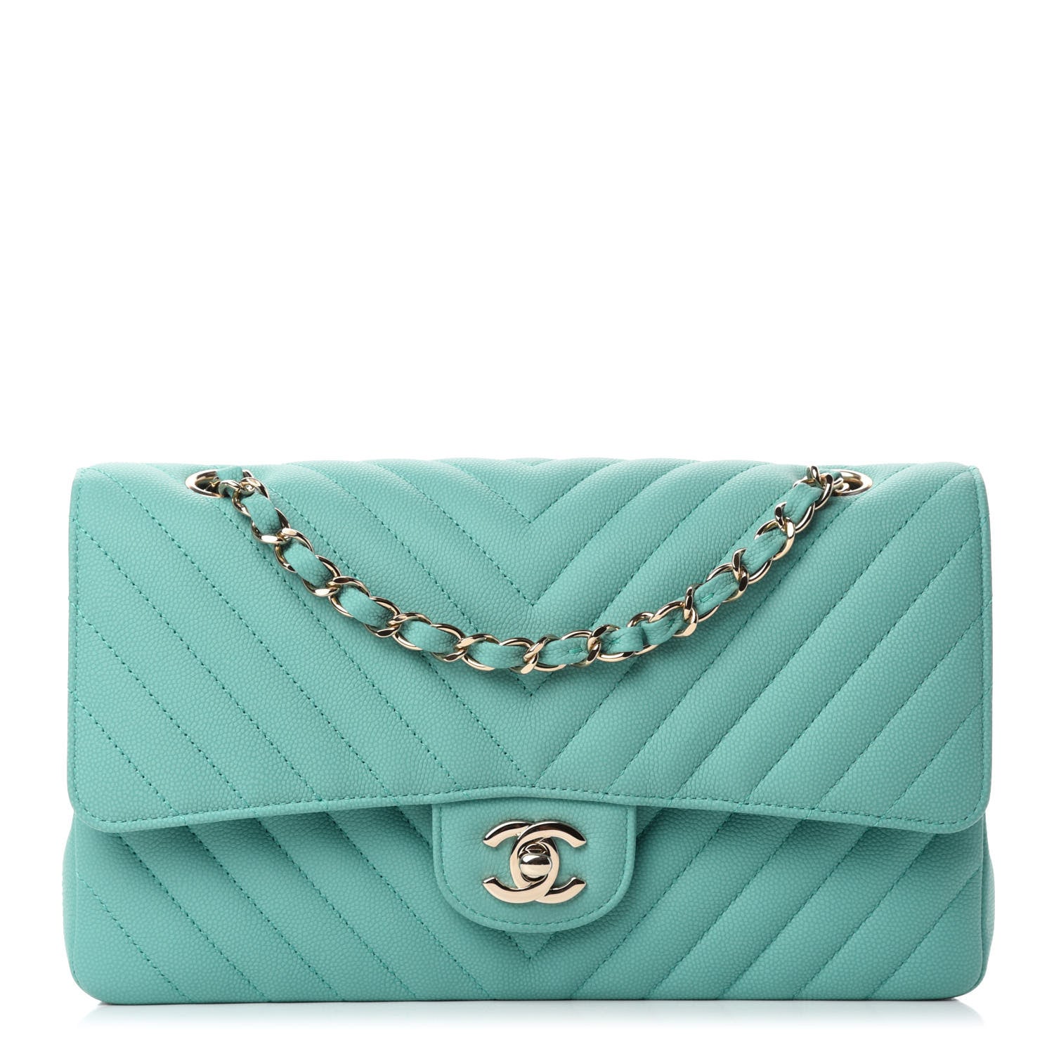 Chanel Caviar Flat Chevron Quilted Medium Double Flap Green 1 of 11