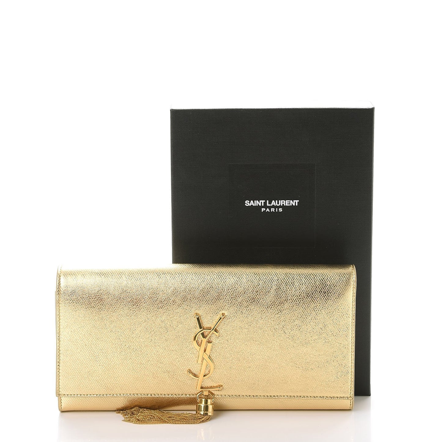 Metallic Textured Calfskin Classic Monogram Tassel Clutch Gold