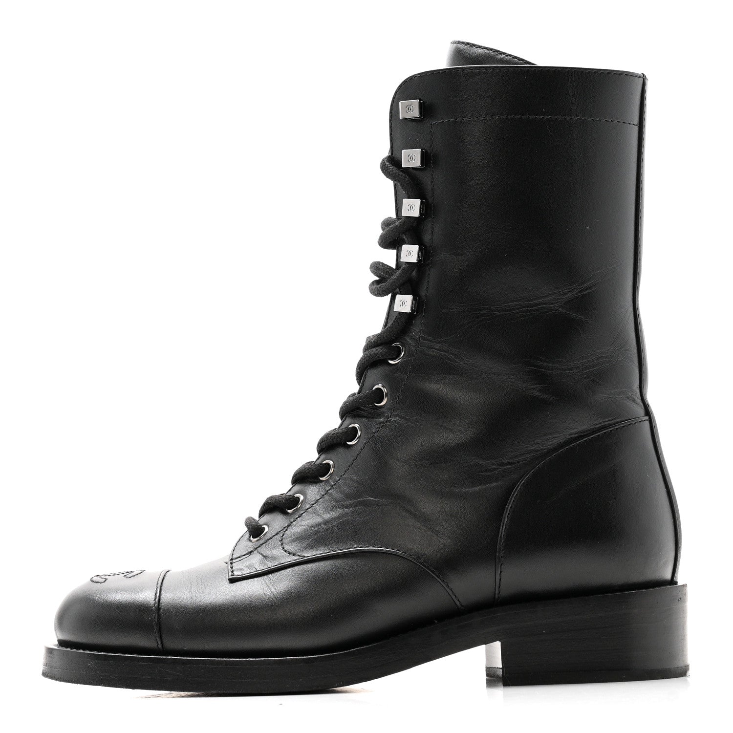 Chanel Calfskin Cap Toe Lace Up Combat Boots 38 Black 2 of 26