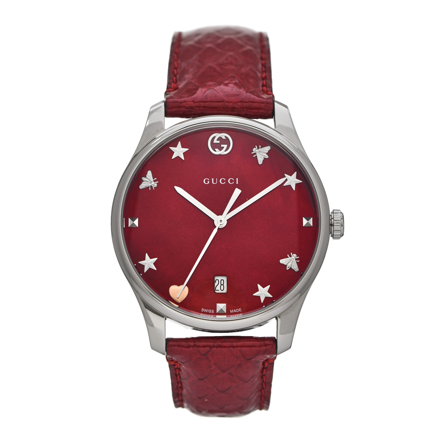 Gucci Stainless Steel Lizard Red Mother of Pearl 36mm G-Timeless Charm Quartz Watch 1 of 5