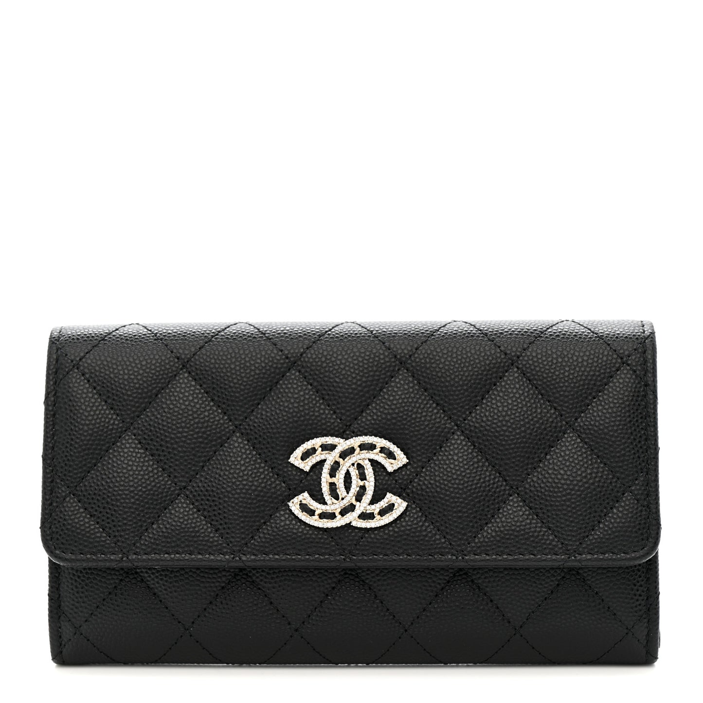 Caviar Quilted Crystal CC Large Gusset Flap Wallet Black