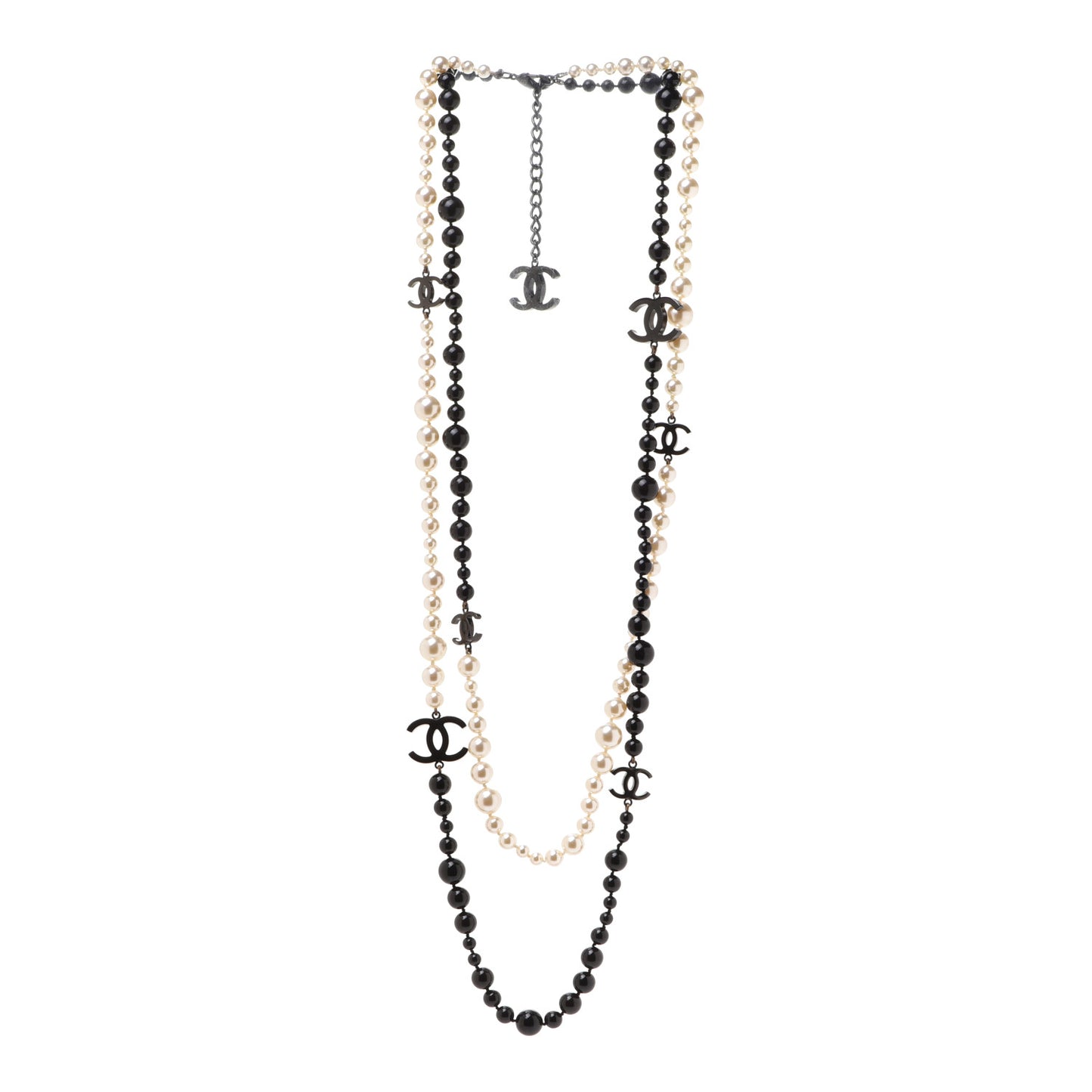 Pearl Bead CC Long Double Strand Necklace Black White