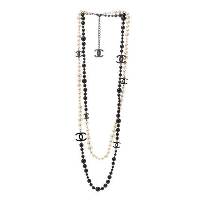 Chanel Pearl Bead CC Long Double Strand Necklace Black White 3 of 6