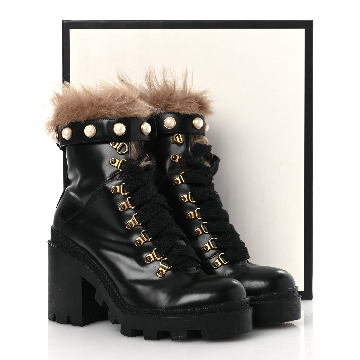Gucci Magnum Calfskin Fur Pearl Lace Up Combat Ankle Boots 39.5 Black Naturale 13 of 13