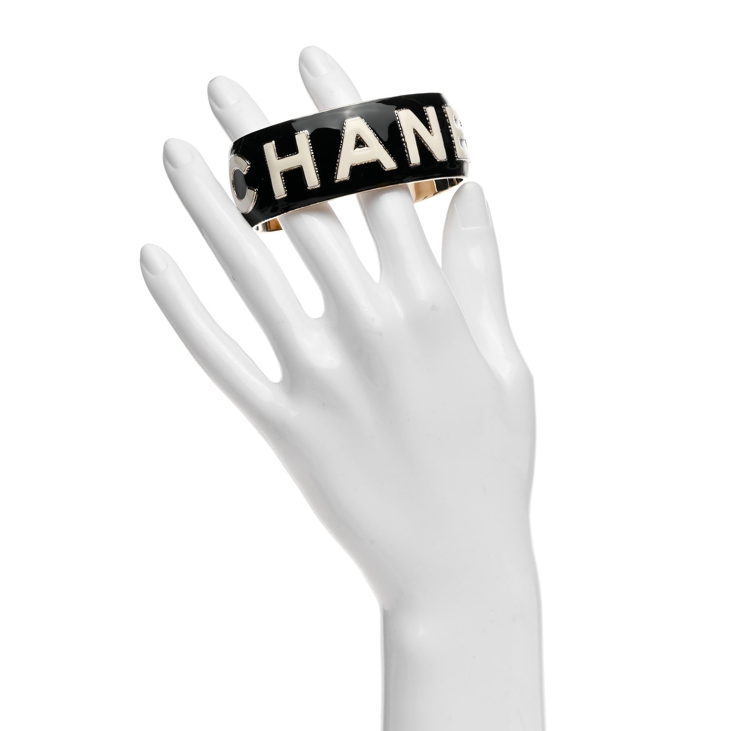 Metal Enamel Wide Chanel Logo Cuff Bracelet L Black White