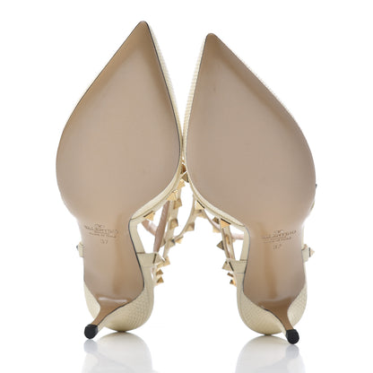 Valentino Garavani Lizard Rockstud Ankle Strap Low Heel Pumps 37 Ivory 6 of 11