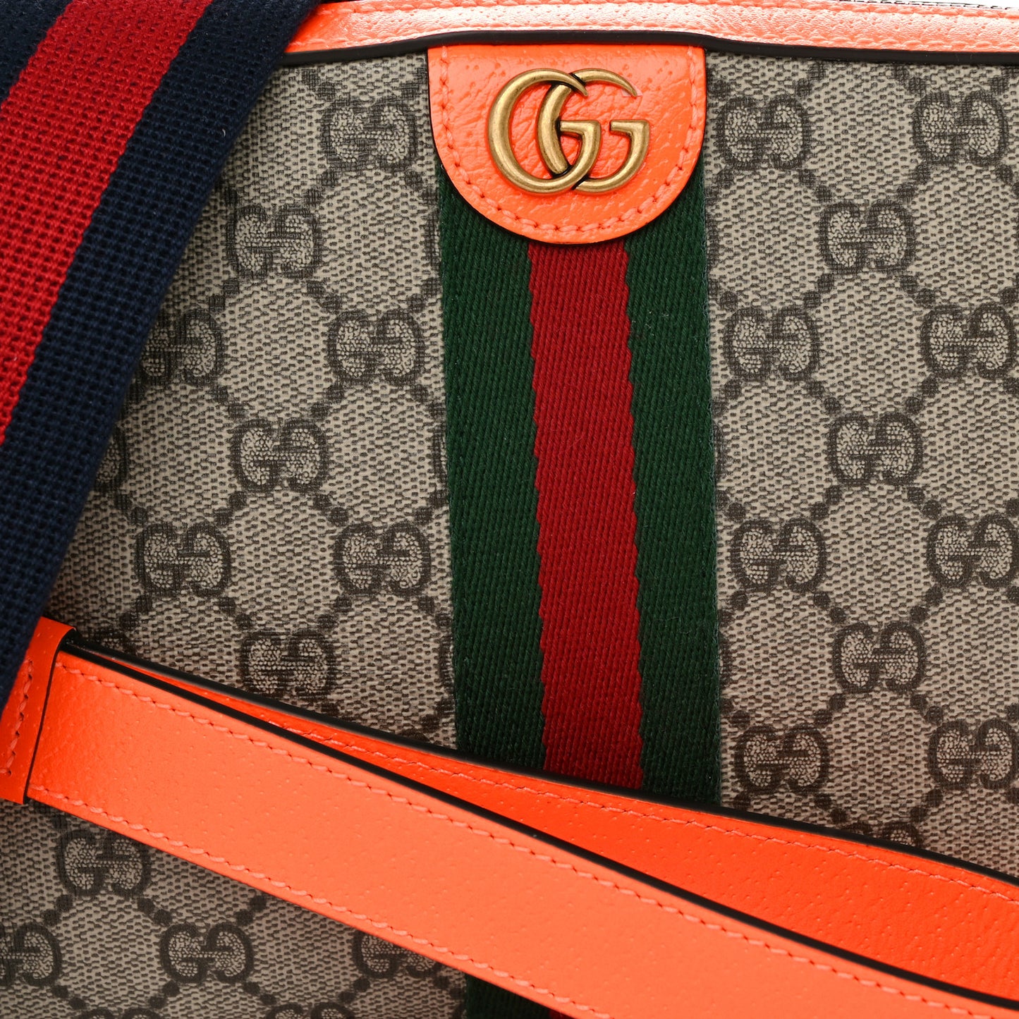 GG Supreme Monogram Textured Dollar Calfskin Web Ophidia Wristlet Shoulder Bag Beige Ebony Orange