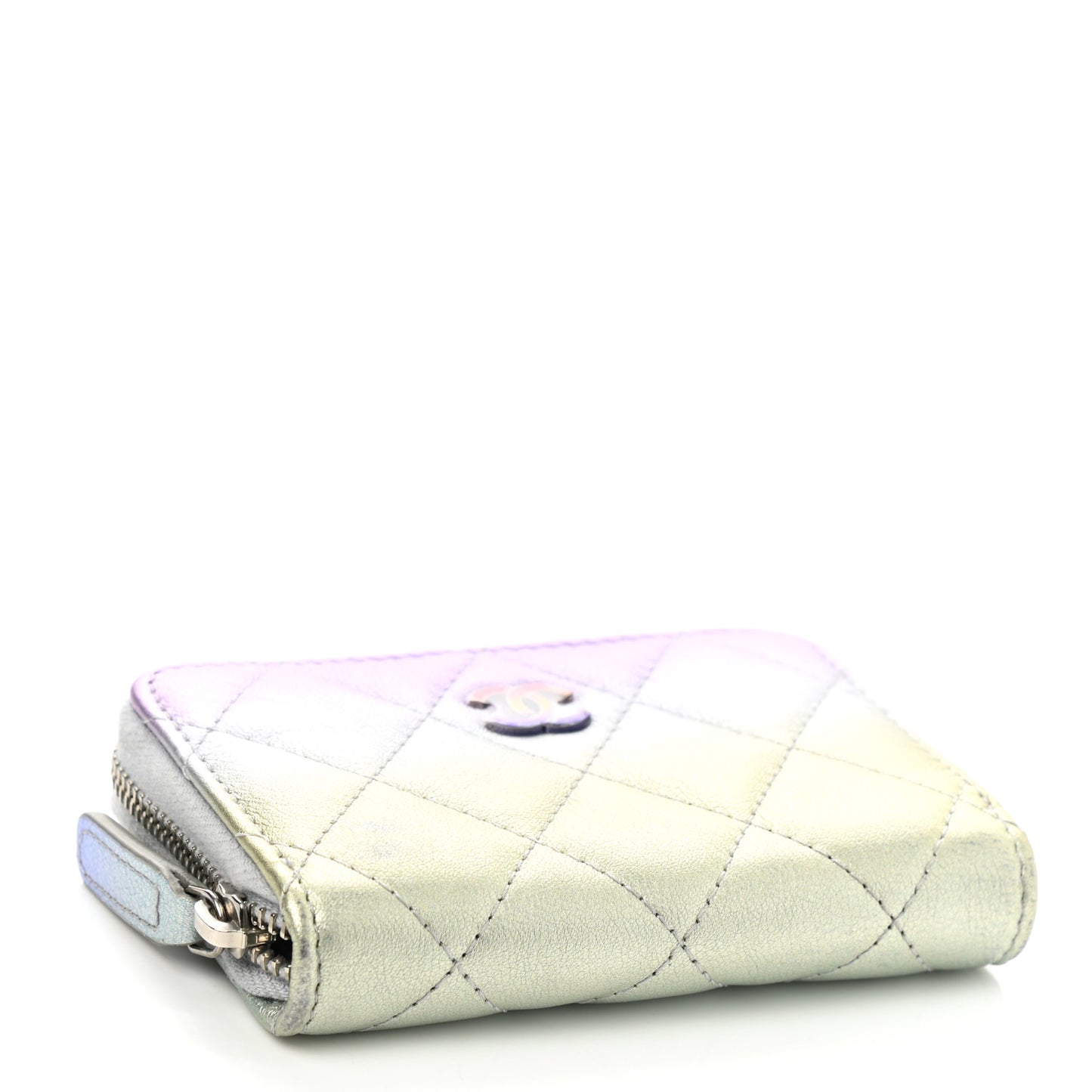 Gradient Metallic Calfskin Quilted Zip Around Coin Purse Wallet Silver Blue Yellow Purple