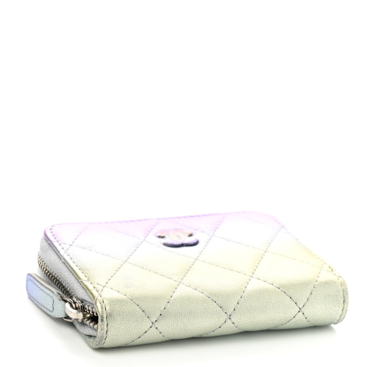 Chanel Gradient Metallic Calfskin Quilted Zip Around Coin Purse Wallet Silver Blue Yellow Purple 4 of 7