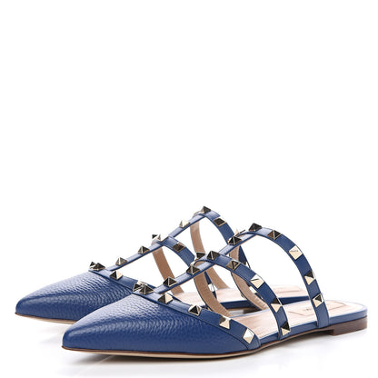 Valentino Garavani Pebbled Calfskin Rockstud Flat Cage Mules 38 Light Ocean 3 of 11
