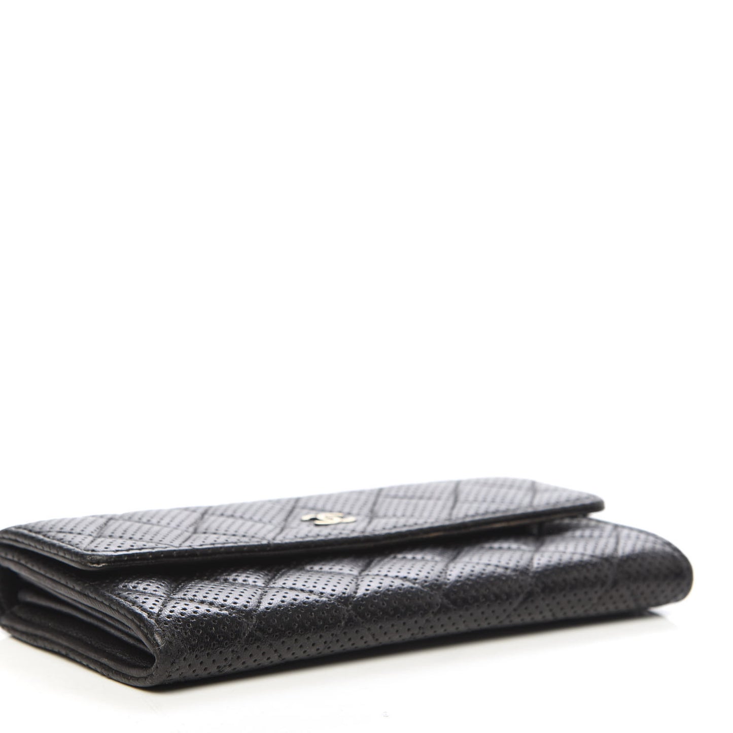 Perforated Lambskin Quilted Large Gusset Flap Wallet Black