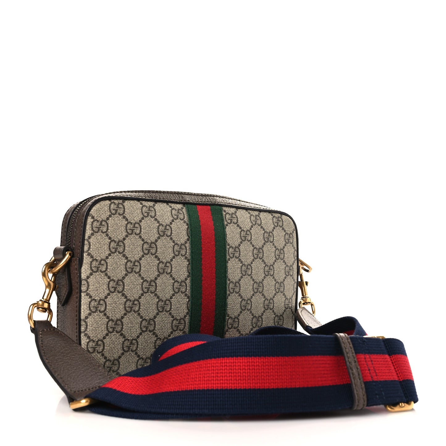 GG Supreme Monogram Textured Dollar Calfskin Web Ophidia Wristlet Shoulder Bag Beige Ebony New Acero