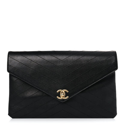 Chanel Lambskin Chevron Quilted Envelope Clutch Black 1 of 16