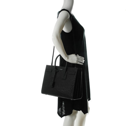 Saint Laurent Suede Crocodile Embossed Small Sac De Jour Black 2 of 7