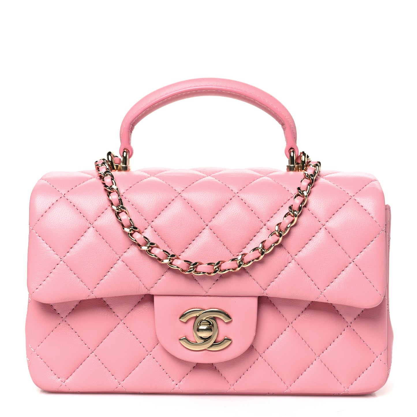 Lambskin Quilted Mini Top Handle Rectangular Flap Pink
