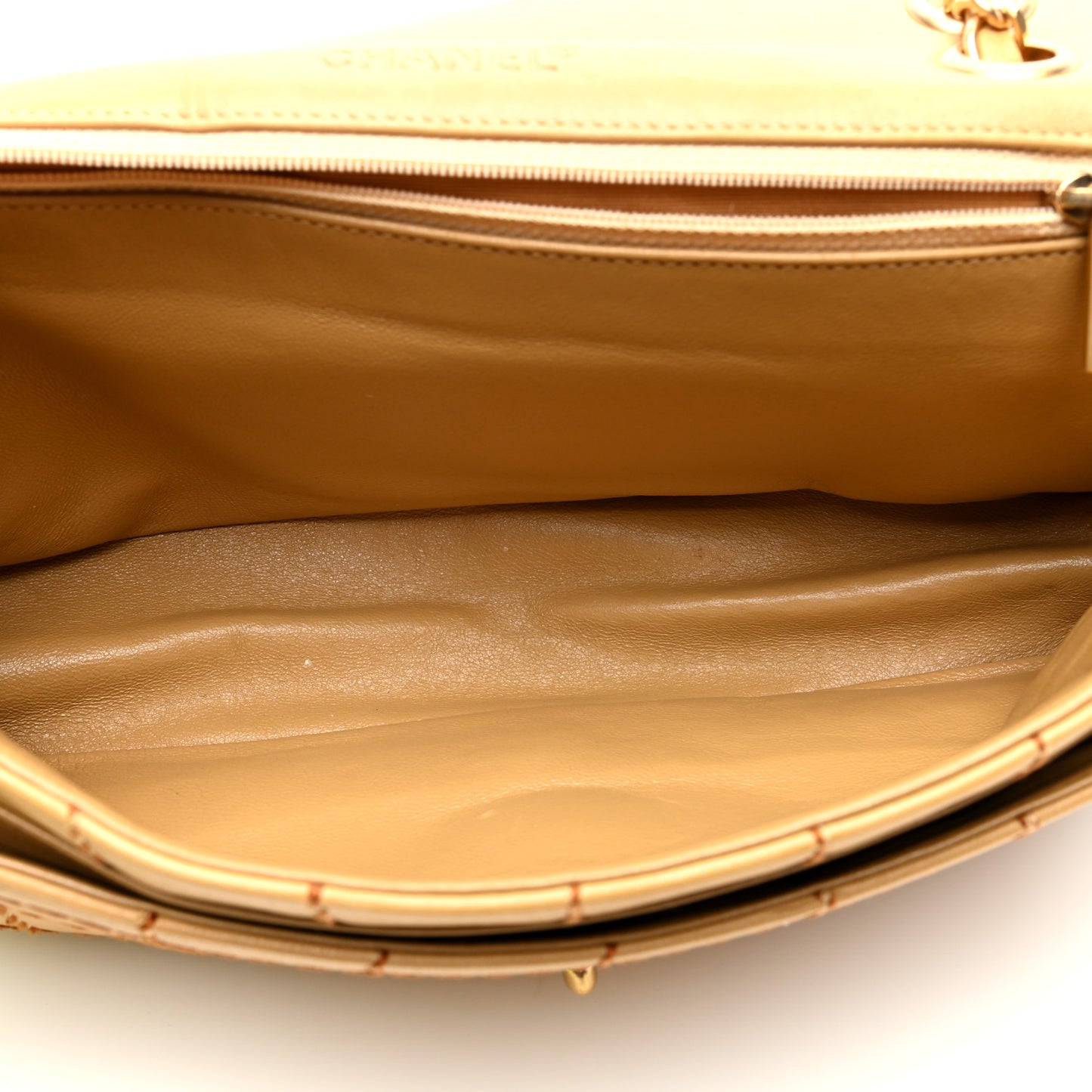 Lambskin Square Double Stitch Flap Beige