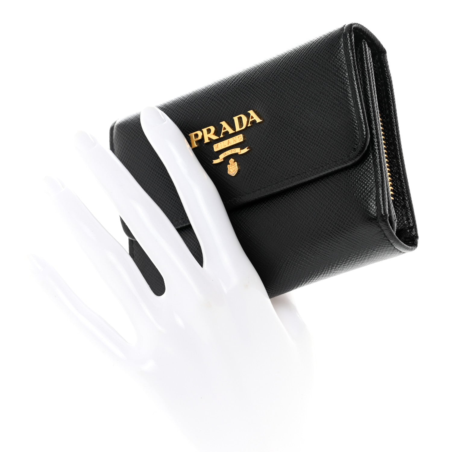 Prada Saffiano Metal Tri-Fold Wallet Black 2 of 8