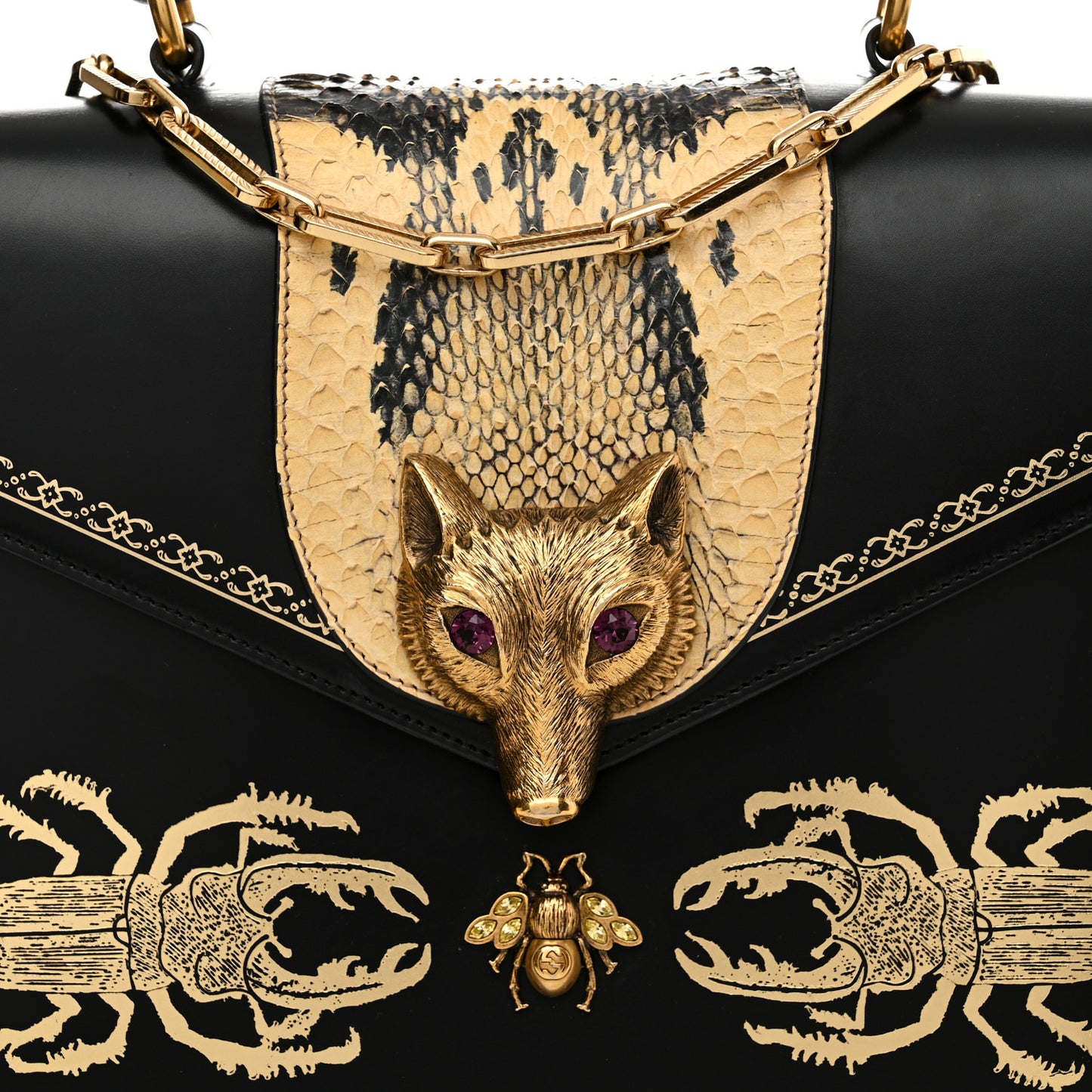 Glossy Calfskin Snakeskin Beetle Print Large Fox Broche Bamboo Top Handle Bag Black