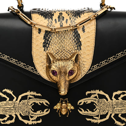 Gucci Glossy Calfskin Snakeskin Beetle Print Large Fox Broche Bamboo Top Handle Bag Black 8 of 10
