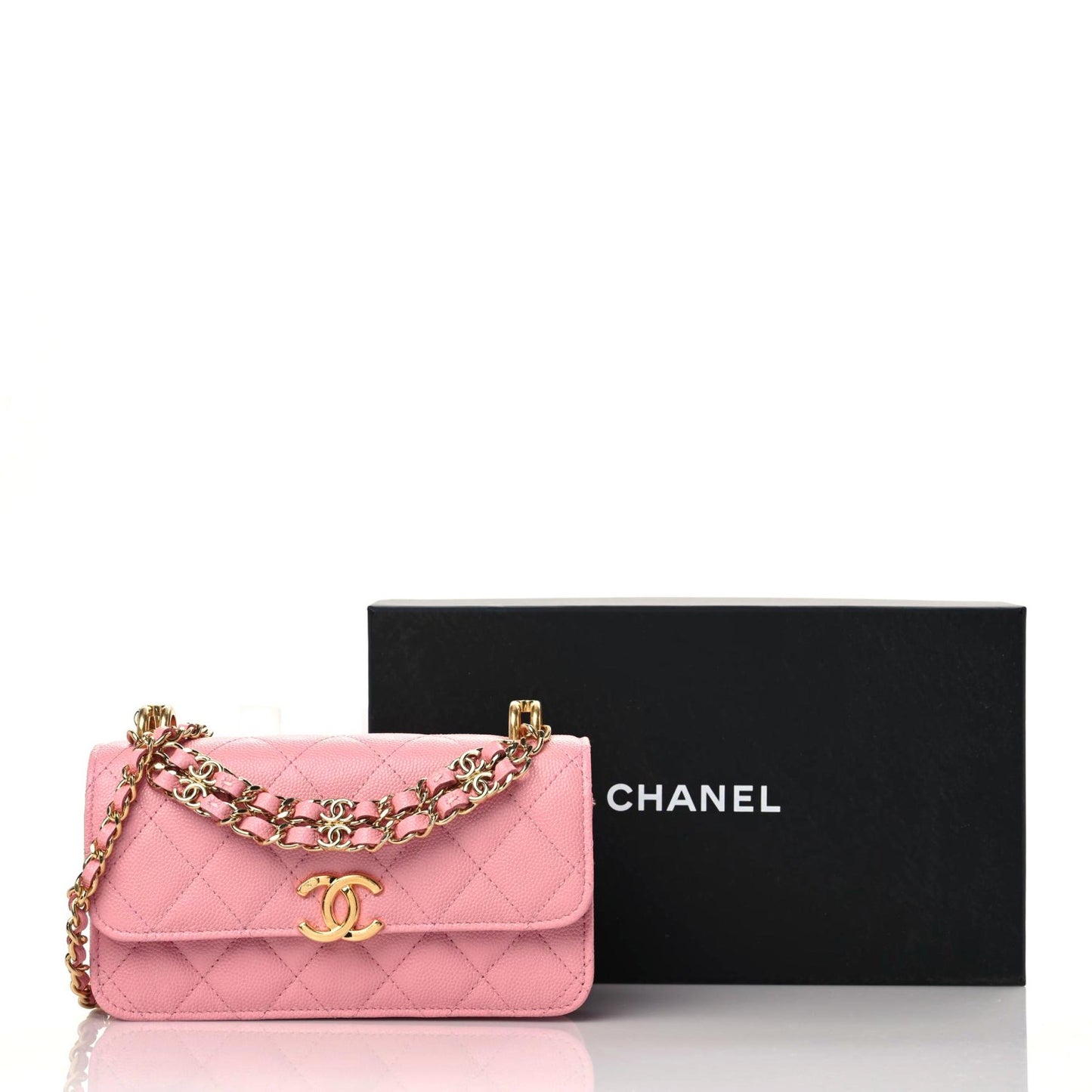 Caviar Quilted Flap Phone Holder With Chain Light Pink