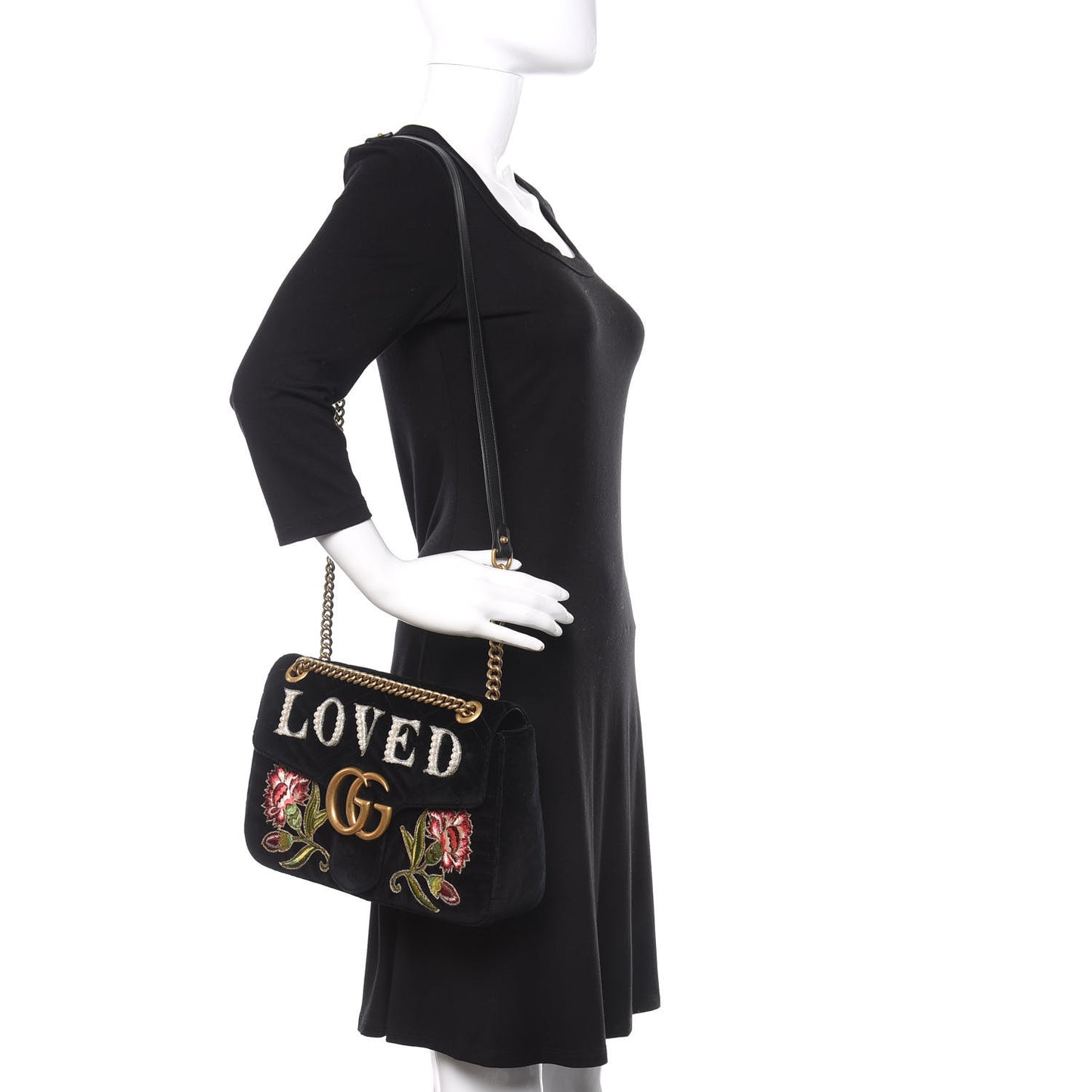 Velvet Matelasse Loved Embroidered Medium GG Marmont Shoulder Bag Black