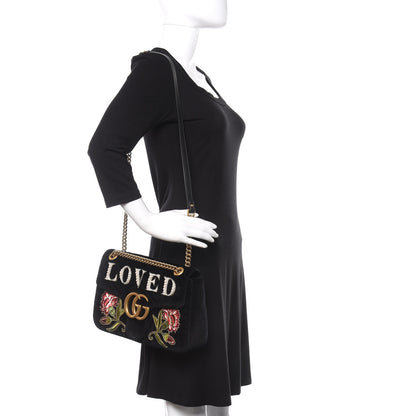 Gucci Velvet Matelasse Loved Embroidered Medium GG Marmont Shoulder Bag Black 2 of 9
