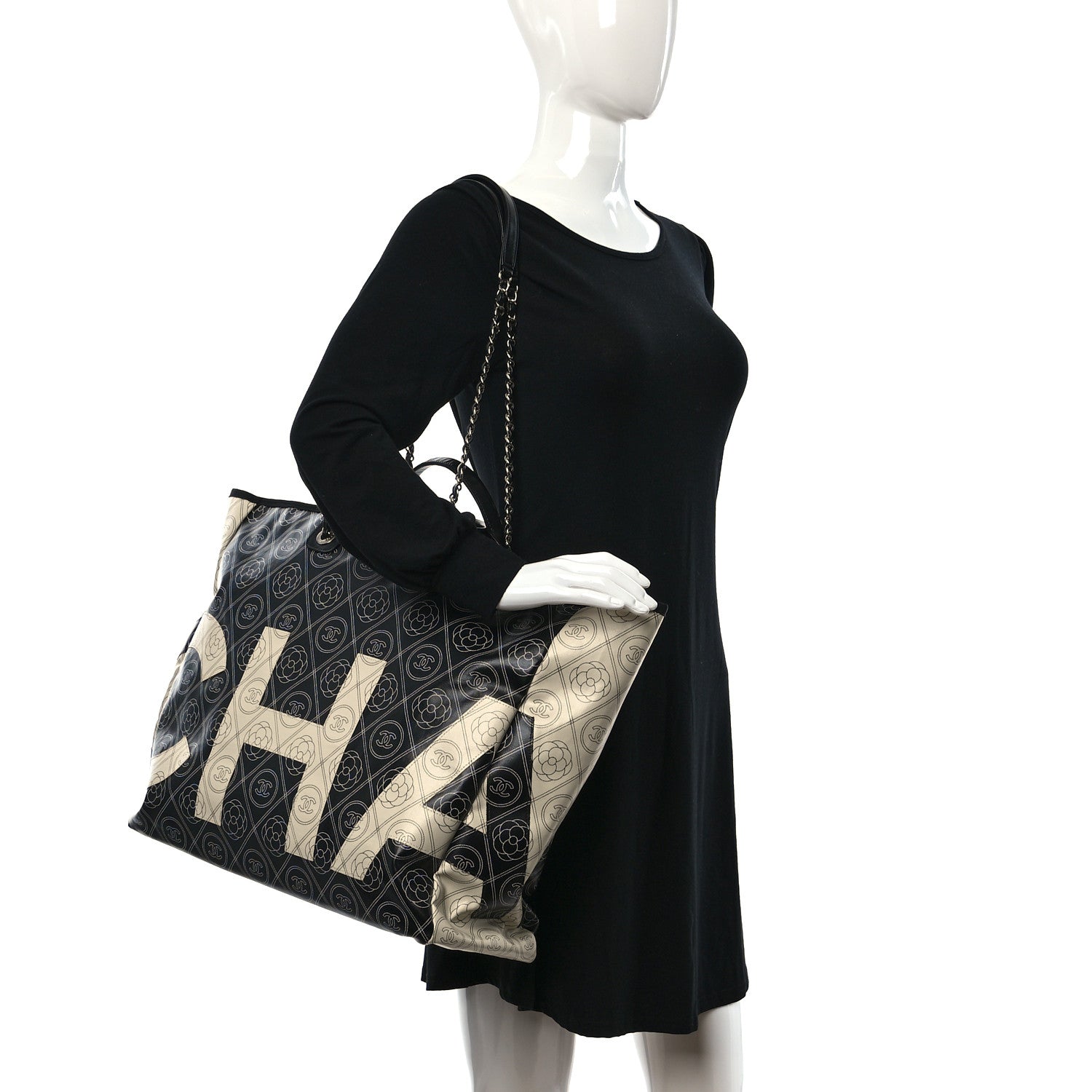 Chanel Coated Canvas Camellia Large Shopping Tote Black Beige 2 of 8