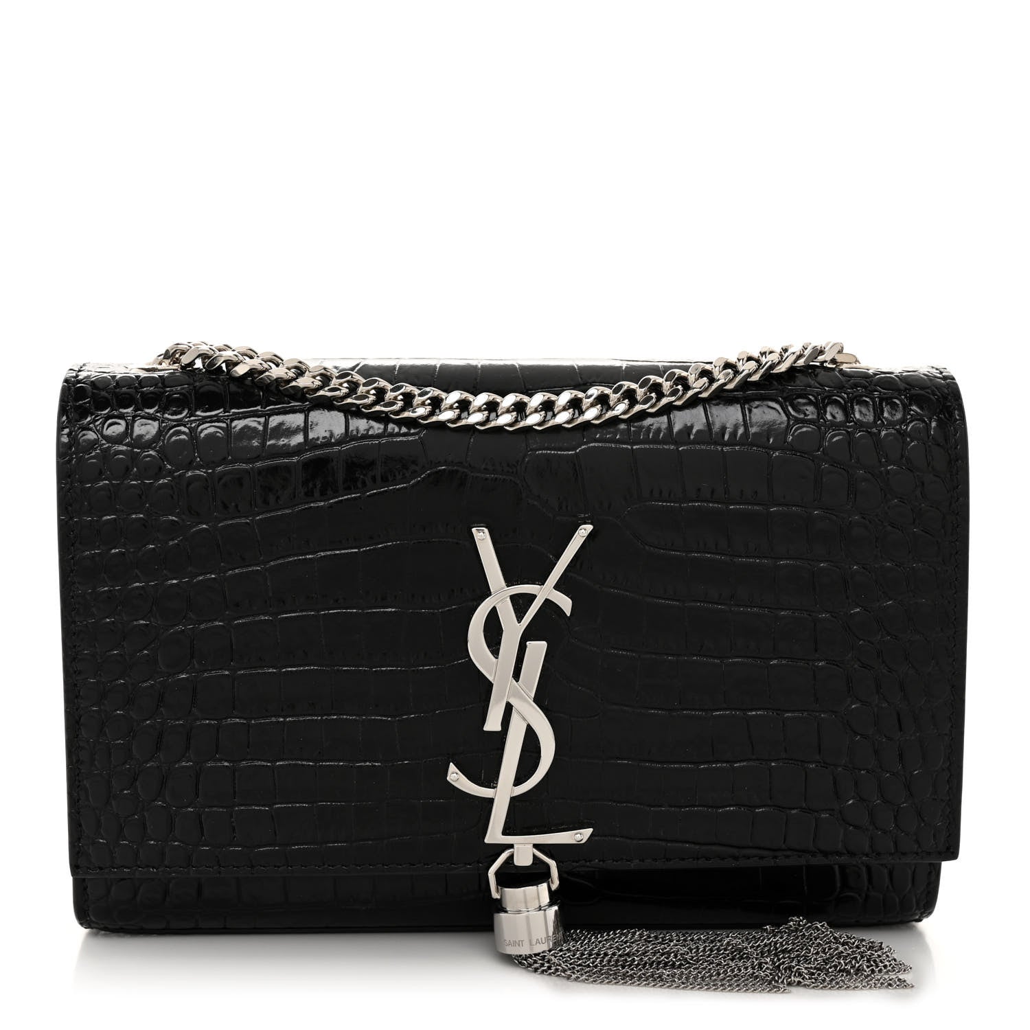 Saint Laurent Calfskin Crocodile Embossed Small Classic Monogram Kate Tassel Satchel Black 2 of 10