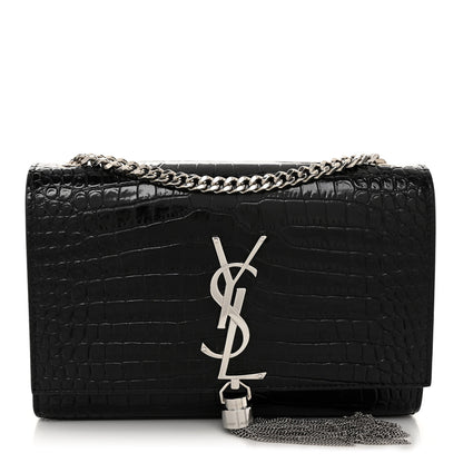 Saint Laurent Calfskin Crocodile Embossed Small Classic Monogram Kate Tassel Satchel Black 2 of 10