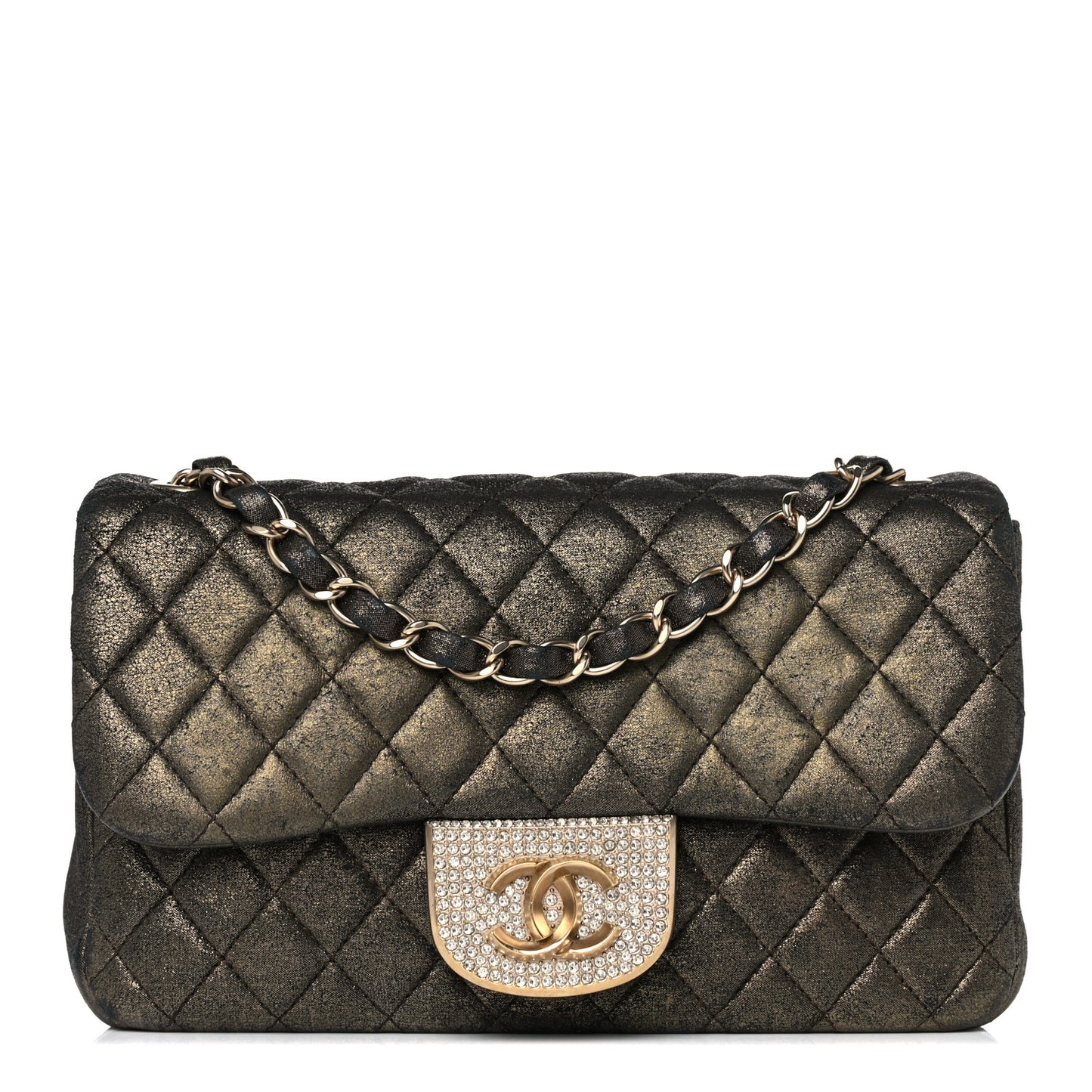 Iridescent Calfskin Quilted Crystal Mini Rectangular Flap Black Gold