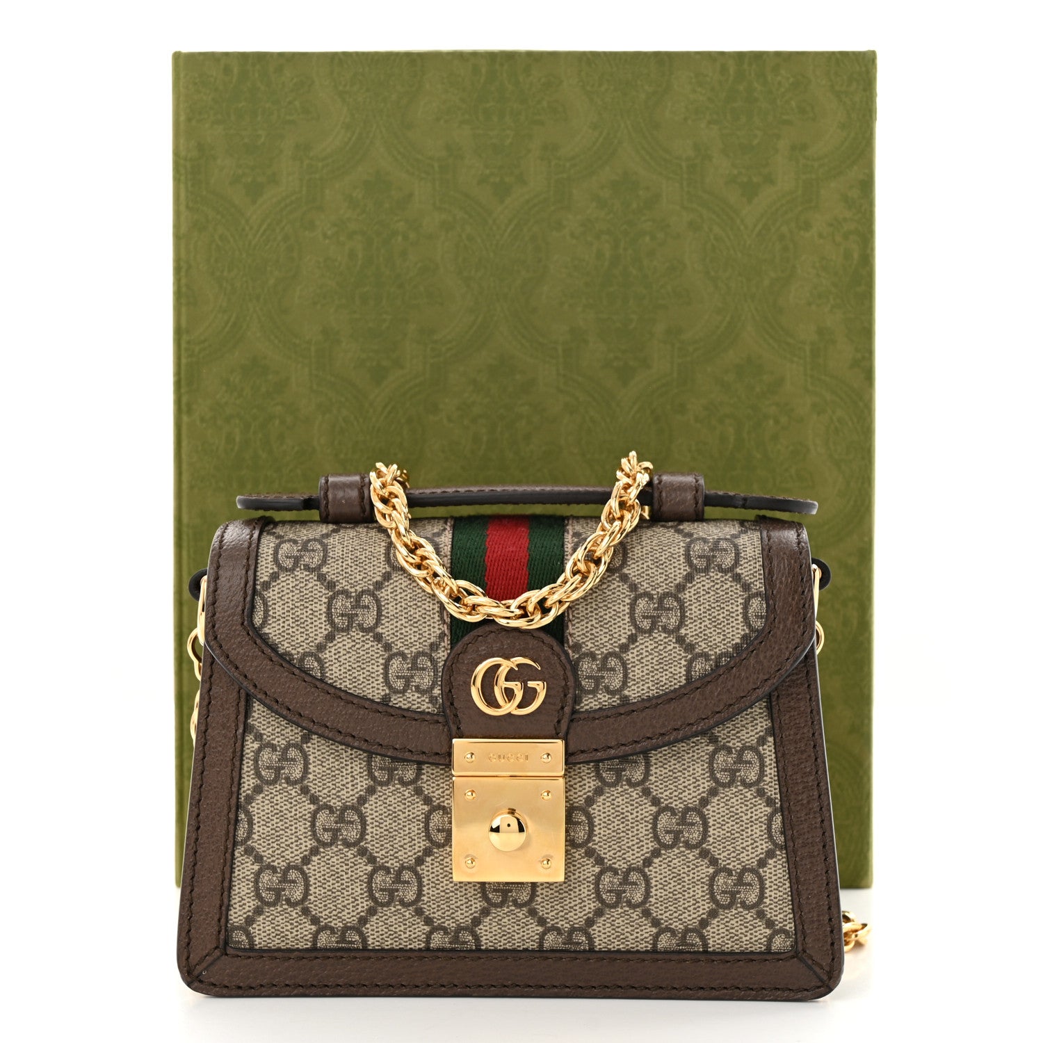 Gucci GG Supreme Monogram Textured Dollar Calfskin Web Mini Ophidia Padlock Top Handle Chain Shoulder Bag Beige Ebony New Acero 10 of 10
