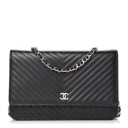 Chanel Caviar Chevron Quilted Wallet On Chain WOC Black 1 of 12