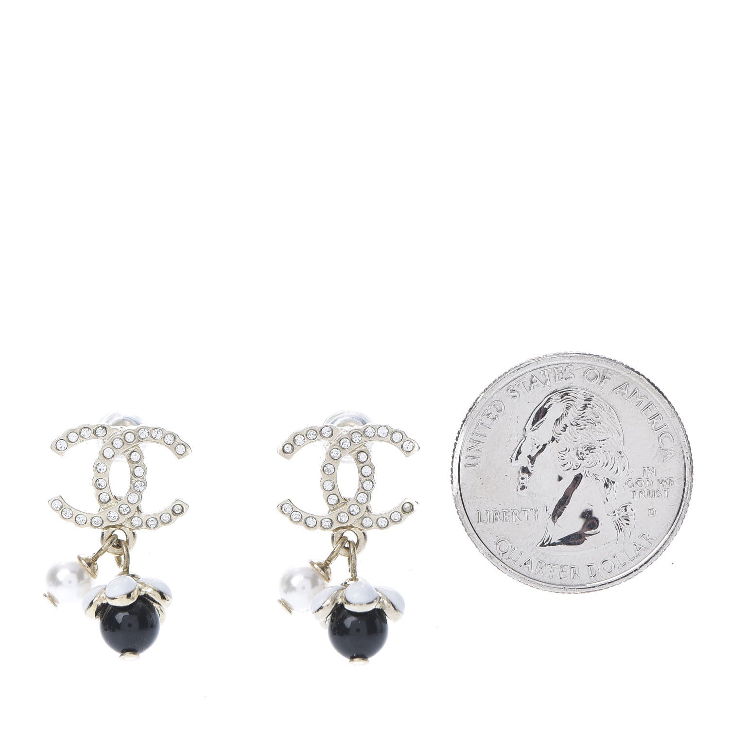 Chanel Crystal Bead Pearl CC Drop Earrings Gold White Black 2 of 5