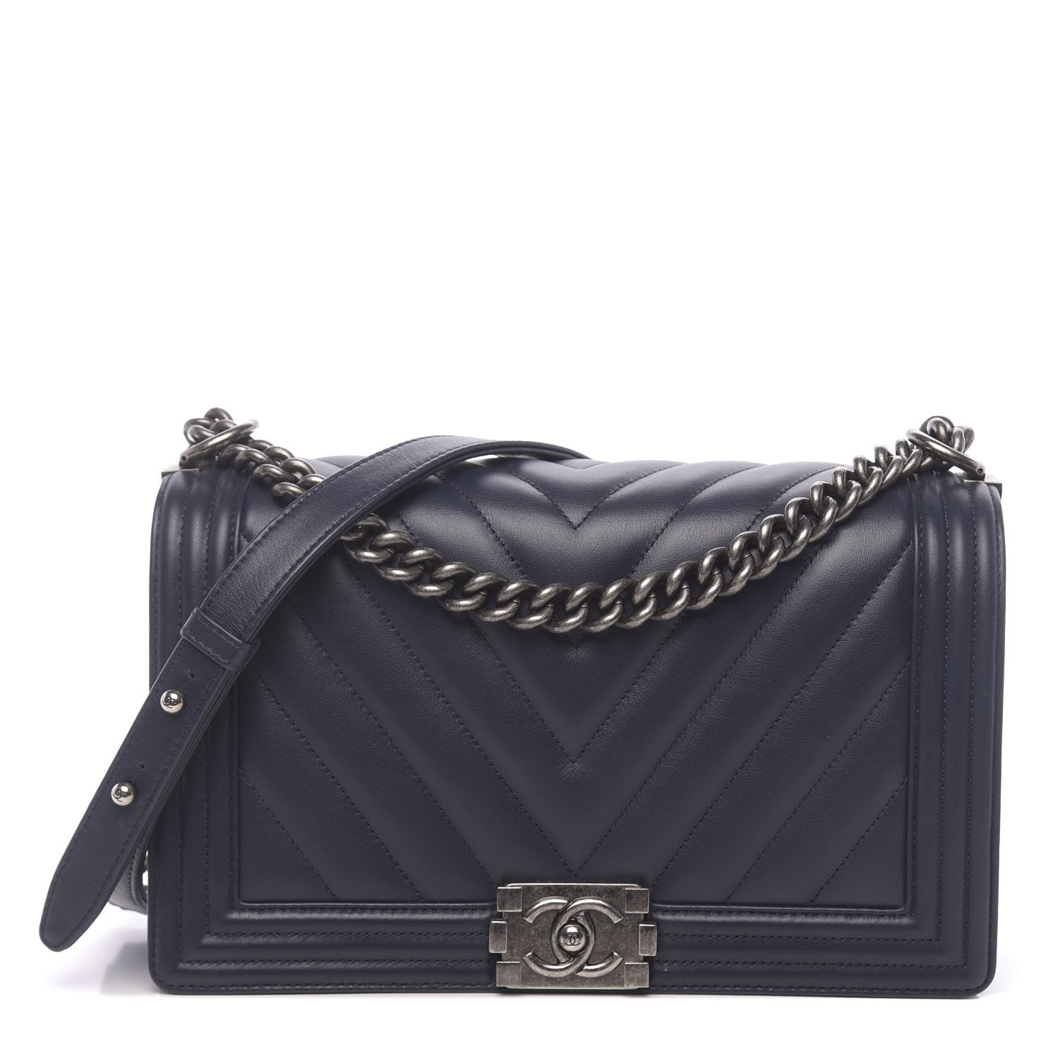 Chanel Calfskin Chevron Quilted New Medium Boy Flap Dark Navy Blue 1 of 10