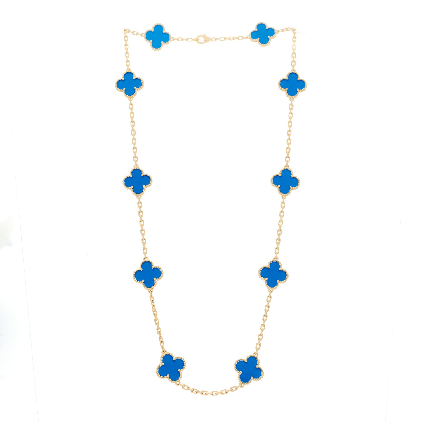18K Yellow Gold Blue Agate 10 Motifs Vintage Alhambra Necklace
