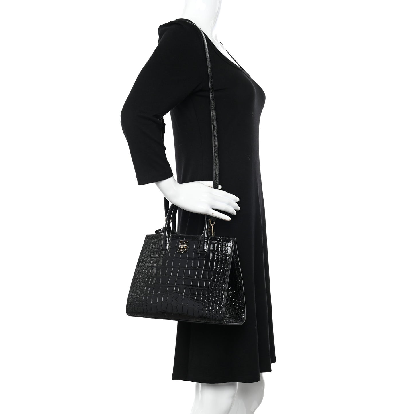 Crocodile Embossed Calfskin Mini Frances Tote Black