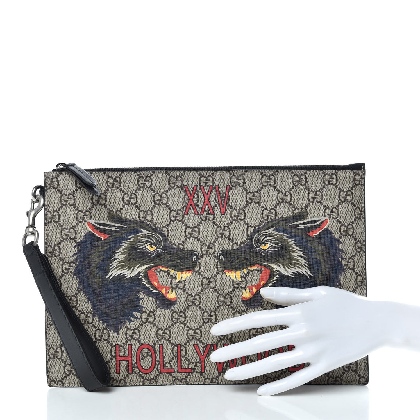GG Supreme Monogram Wolf Zip Wristlet Pouch Beige