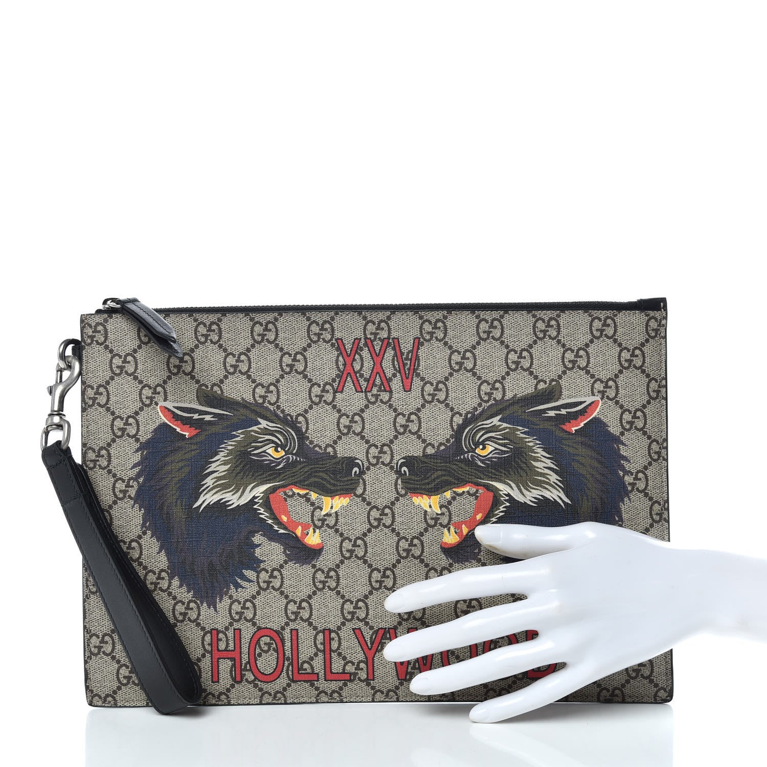 Gucci GG Supreme Monogram Wolf Zip Wristlet Pouch Beige 2 of 9
