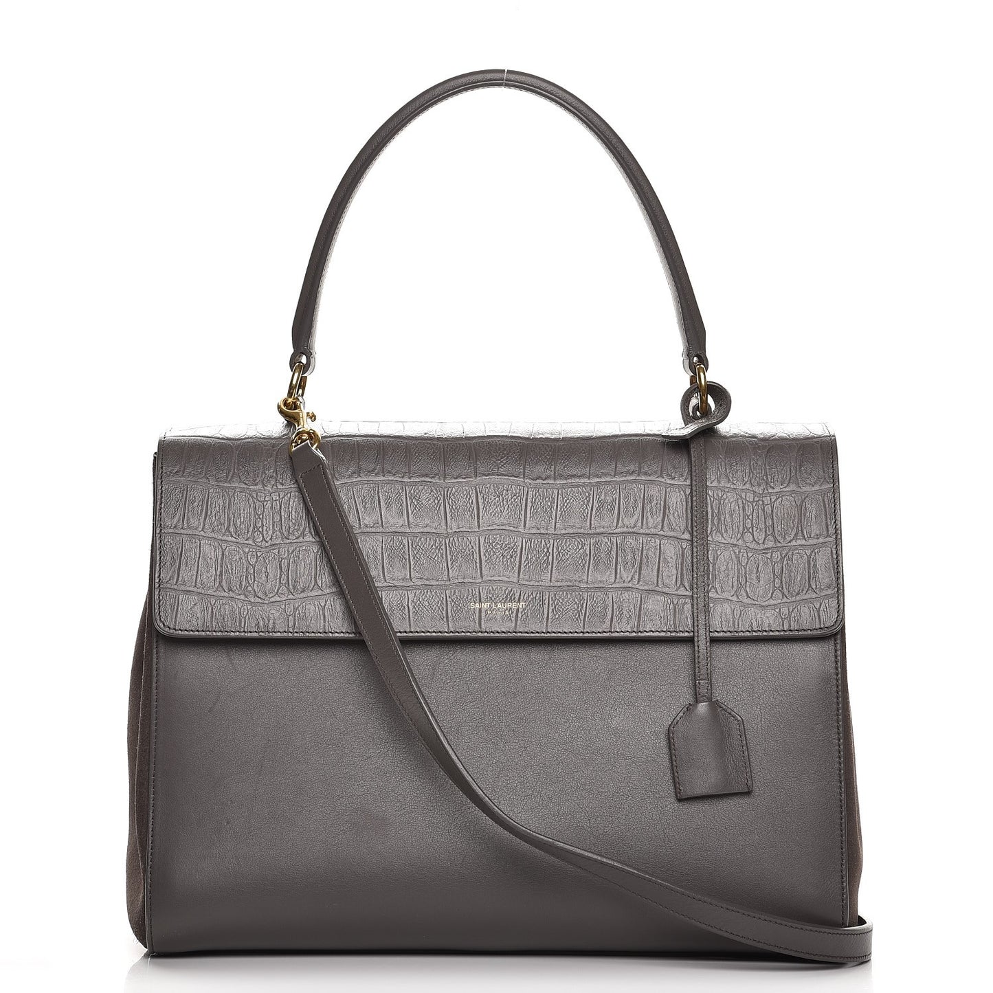 Calfskin Crocodile Embossed Medium Moujik Top Handle Bag Fog