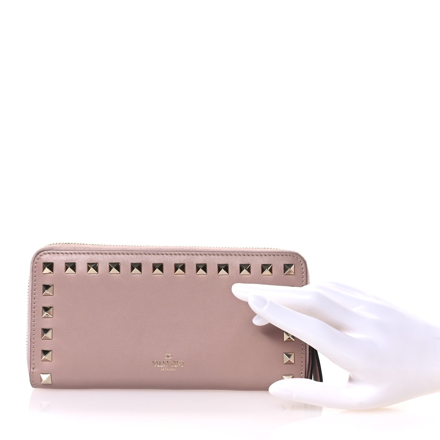 Calfskin Rockstud Zip Around Wallet Poudre